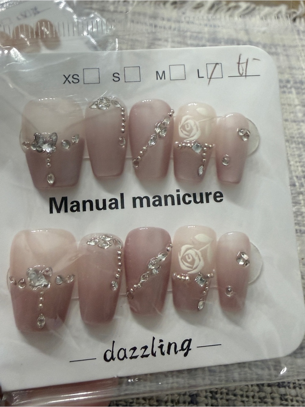 Dazzling Pink Nude Press-On Nails with Rhinestones